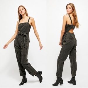 Free People womens Go West Utility cargo washed Jumpsuit black pockets XS